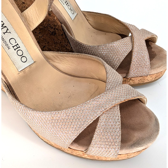 Jimmy Choo Alanah Cork Metallic Pink Suede Platform Wedge Sandals 8.5 Glam - Picture 10 of 15